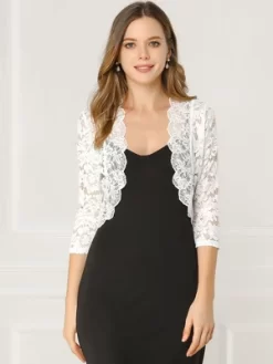 Allegra K Women's Elegant 3/4 Sleeve Sheer Floral Lace Shrug