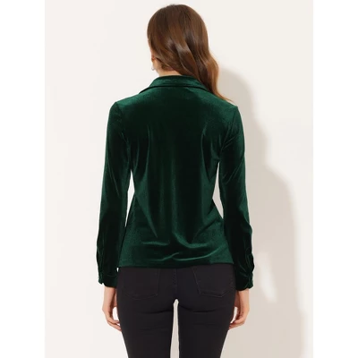 Allegra K Women's Velvet Collared V Neck Long Sleeve Button Down Shirts - Image 2
