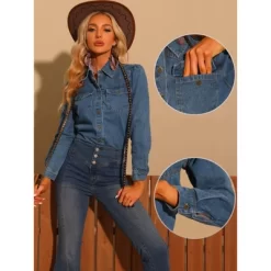 Allegra K Women's Casual Point Collar Button Down Puff Long Sleeves Denim Shirt