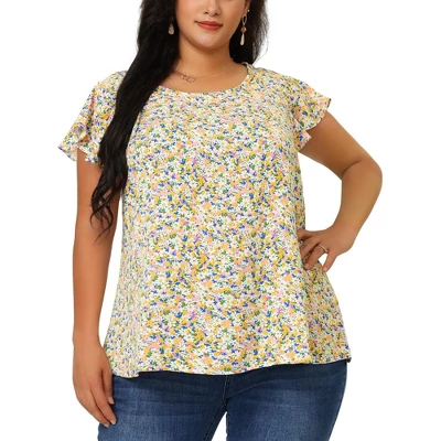 Agnes Orinda Women's Plus Size Floral Short Sleeve Casual Blouse