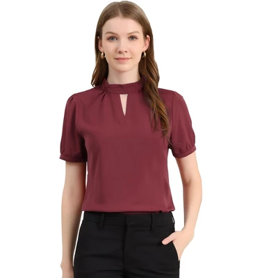 Allegra K Women's Stand Collar Short Puff Sleeves Elegant Work Office Shirt Keyhole Blouses - Image 10