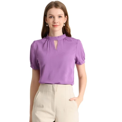 Allegra K Women's Stand Collar Short Puff Sleeves Elegant Work Office Shirt Keyhole Blouses - Image 9