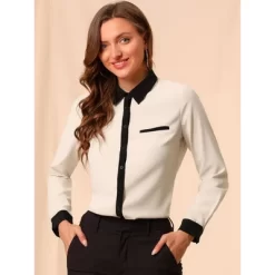 Allegra K Women's Contrast Collar Shirt Chiffon Long Sleeve Work Office Blouse