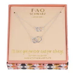 FAO Schwarz Silver Tone Interlocking Ring Mommy And Me Duo Necklace Set