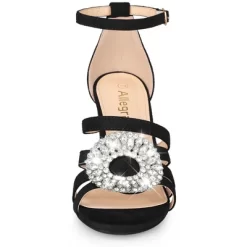 Allegra K Women's Crystal Rhinestone Buckle Chunky Heel Sandal
