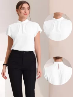 Allegra K Women's Mock Neck Pleated Elegant Office Solid Cap Sleeve Blouse