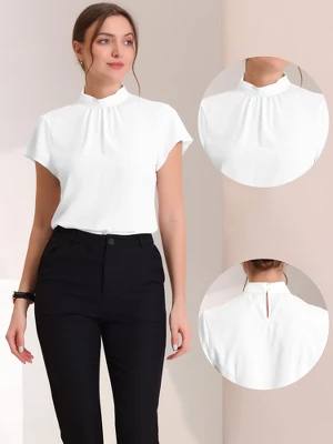 Allegra K Women's Mock Neck Pleated Elegant Office Solid Cap Sleeve Blouse