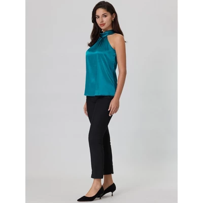 Hobemty Women's Halter Neck Sleeveless Tie Back Satin Work Blouse - Image 2