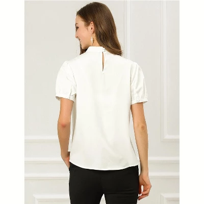 Allegra K Women's Stand Collar Short Puff Sleeves Elegant Work Office Shirt Keyhole Blouses - Image 4