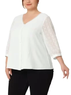 Agnes Orinda Women's Plus Size Spring Elegant Lace Sleeve Button-Down Blouse