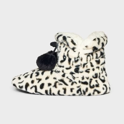 Women's Leopard Faux Fur Booties With Poms And Grippers - Ivory/Black