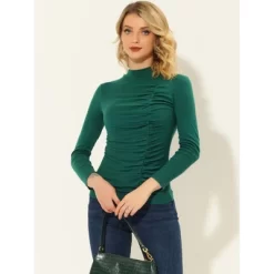 Allegra K Women's Long Sleeve High Neck Blouse Ruched Front Fitted Blouse Top