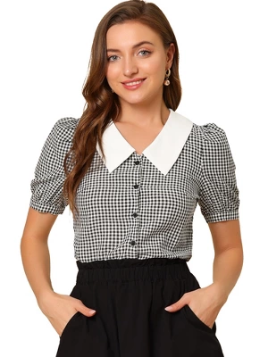 Allegra K Women's Plaid Puff Sleeve Blouse Contrast Collar Button Down Shirt Tops - Image 6