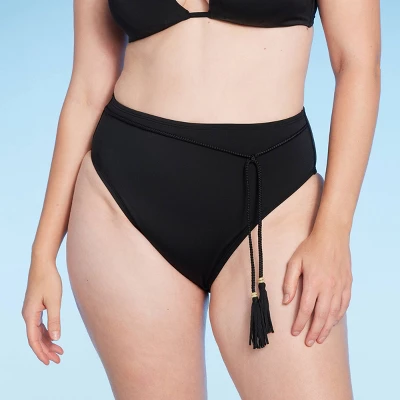 Women's High Waist High Leg Bead Detail Belted Bikini Bottom - Shade & Shore™ Black - Image 3