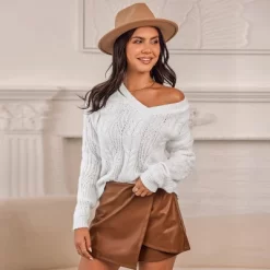 Women's Cable Knit V-Neck Sweater - Cupshe