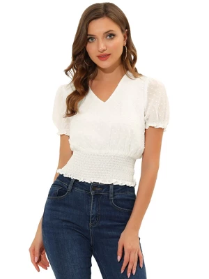 Allegra K Women's V Neck Short Puff Sleeve Swiss Dots Smocked Waist Summer Blouse - Image 7