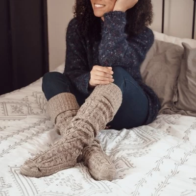 MUK LUKS Women's Cable Knit Over The Knee Socks - Driftwood/Pearl , OS (6 - 11) - Image 2