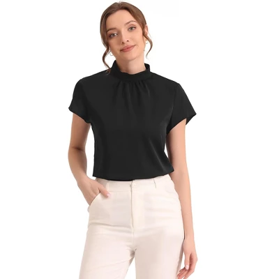Allegra K Women's Mock Neck Pleated Elegant Office Solid Cap Sleeve Blouse - Image 6