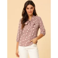 Allegra K Women's Printed Ruffle Shoulder Elastic Cuff Bow Tie Neck Blouse