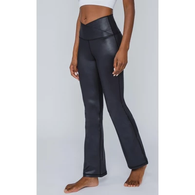 90 Degree By Reflex Interlink High Shine Cire Elastic Free Crossover V-Back Flared Leg Yoga Pants - Image 7