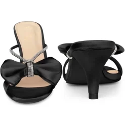 Perphy Rhinestone Strap Bow Kitten Heels Slide Sandals For Women
