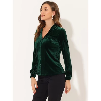 Allegra K Women's Velvet Collared V Neck Long Sleeve Button Down Shirts - Image 4