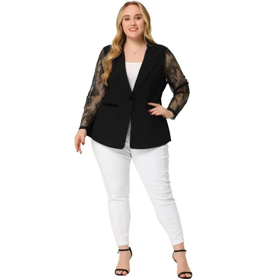 Agnes Orinda Women's Plus Size Work Flat Collar Notch Lapel Lace Front Blazers - Image 2