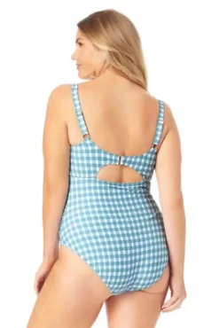 Anne Cole Plus -Blue Gingham Scoop Neck Shirred One Piece Swimsuit