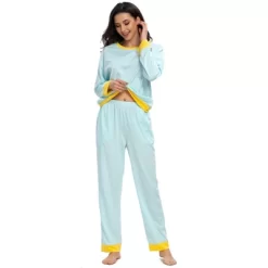 Cheibear Womens Lounge Sets Long Sleeves Round Neck Soft With Pants Sleepwear Pajamas