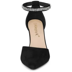 Allegra K Women's Pointed Toe Rhinestone Ankle Strap Chunky Heels Pumps