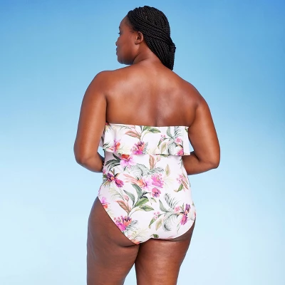 Women's Bandeau Flounce Front Ruched Full Coverage One Piece Swimsuit - Kona Sol™ Cream - Image 3