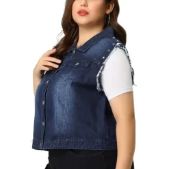 Agnes Orinda Women's Plus Jean Vest Chest Pockets Frayed Hem Single Breasted Denim Vest With Rivets