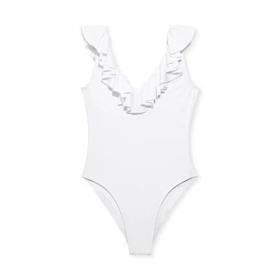 Liberty & Justice Women's High Leg Cheeky With Ruffle Neckline One Piece Swimsuit - White - Image 2