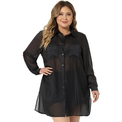 Agnes Orinda Women's Plus Size Long Sleeve Button Down Black Sheer Shirts Jacket