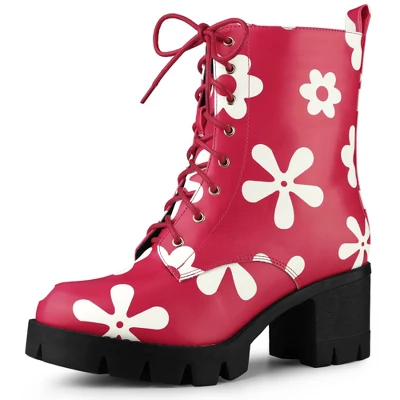 Allegra K Women's Printed Platform Round Toe Lace Up Block Heel Combat Boots - Image 7