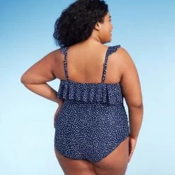 Women's Polka Dot Ruffle Shoulder One Piece Swimsuit - Kona Sol™ Navy Blue