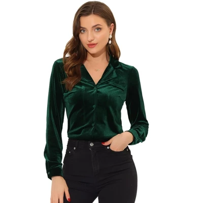 Allegra K Women's Velvet Collared V Neck Long Sleeve Button Down Shirts - Image 5