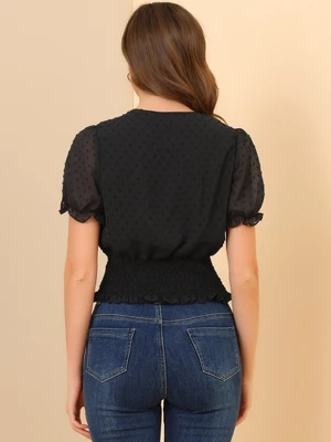 Allegra K Women's V Neck Short Puff Sleeve Swiss Dots Smocked Waist Summer Blouse - Image 4