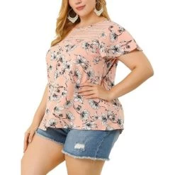 Agnes Orinda Women's Plus Size Top Floral Lace Panel Keyhole Back Flare Sleeve