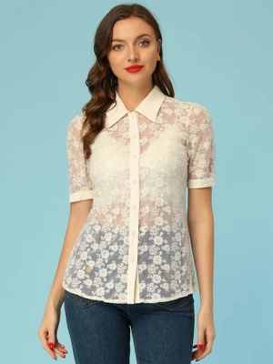 Allegra K Women's Floral Lace Shirt Short Sleeve Semi Sheer Button Down Blouse - Image 4