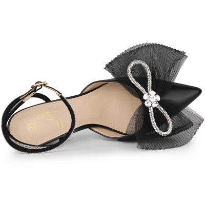 Perphy Rhinestone Mesh Bow Slingback Stiletto Heel Pumps For Women - Image 3
