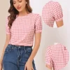 Allegra K Women's Vintage Crew Neck Puff Sleeve Casual Plaid Gingham Blouse
