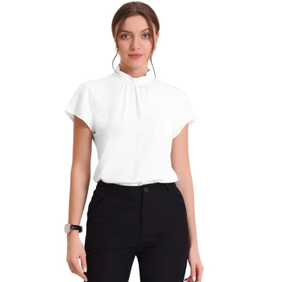 Allegra K Women's Mock Neck Pleated Elegant Office Solid Cap Sleeve Blouse - Image 5