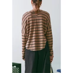 August Sky Women's Stripe Split Neck Pullover Top