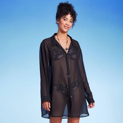 Women's Long Sleeve Cover Up Shirtdress - Shade & Shore™ Black - Image 4