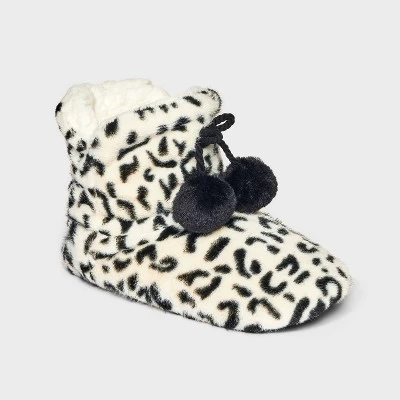Women's Leopard Faux Fur Booties With Poms And Grippers - Ivory/Black - Image 5