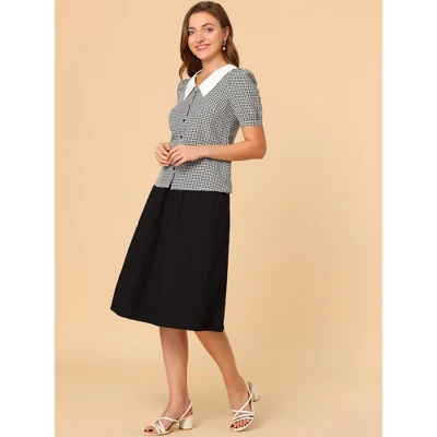 Allegra K Women's Plaid Puff Sleeve Blouse Contrast Collar Button Down Shirt Tops - Image 3