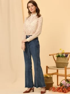 Allegra K Women's Ruffled Neck Long Sleeve Semi Sheer Chiffon Floral Shirt