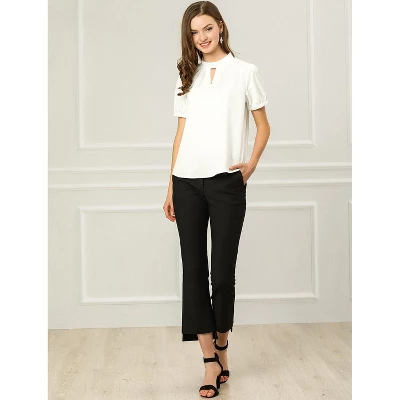 Allegra K Women's Stand Collar Short Puff Sleeves Elegant Work Office Shirt Keyhole Blouses - Image 2