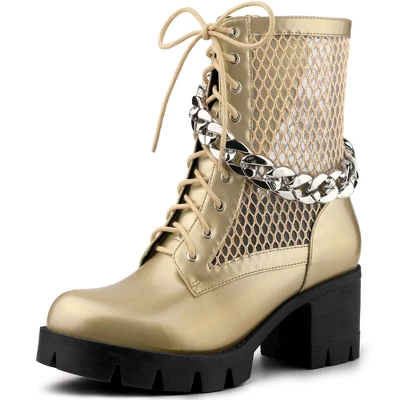Allegra K Women's Platform Chain Chunky Heel Combat Boots - Image 6
